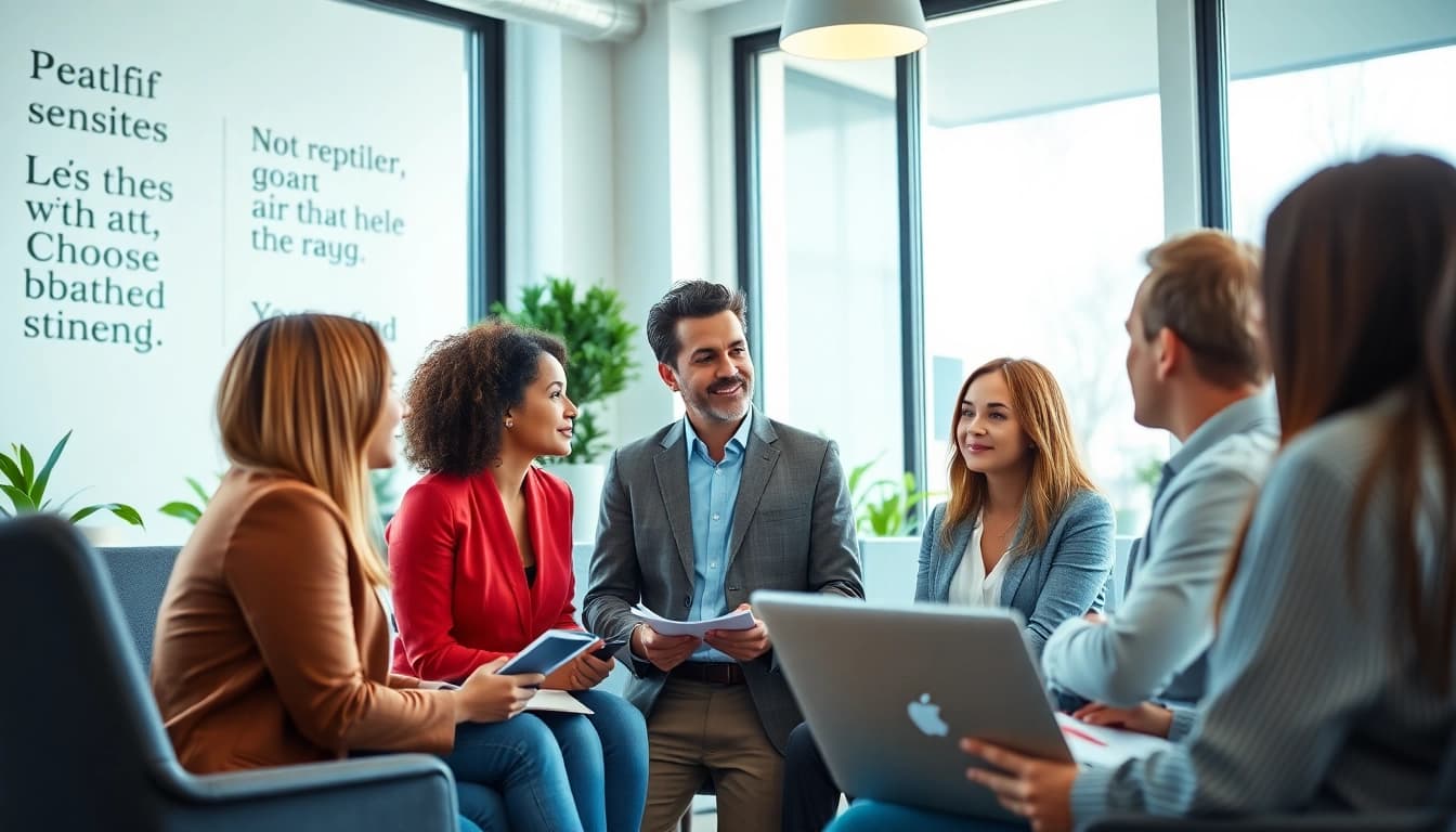 Empowering session with a business coach near me leading clients in a vibrant, modern workspace.