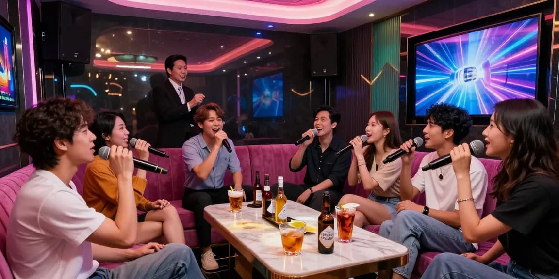 강남가라오케에서 친구들과 함께 노래하고 있는 고급스러운 프라이빗 룸의 모습