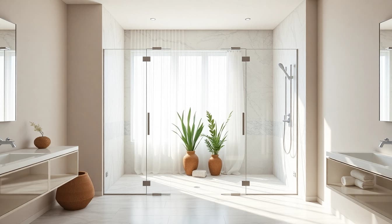Stylish modern shower doors UK in a bright, elegantly designed bathroom.