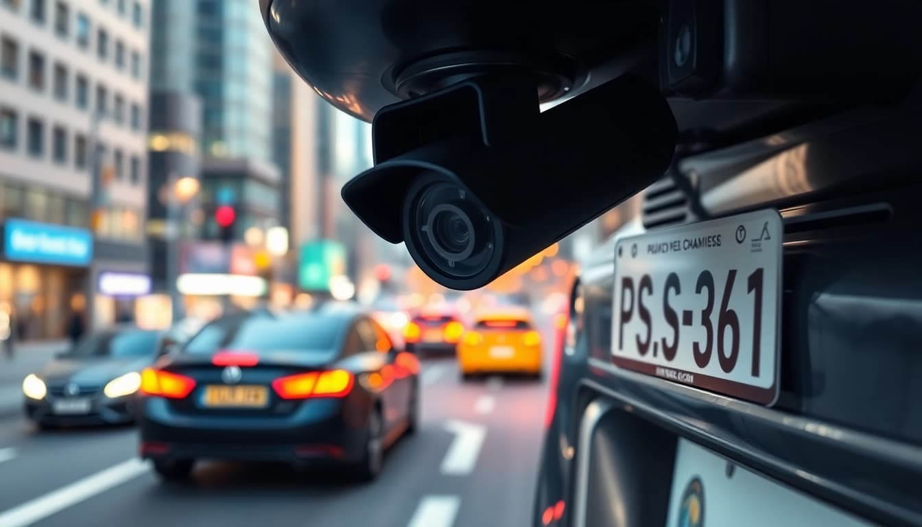 Showcase a license plate recognition camera in action, featuring sleek design against a vibrant city backdrop.