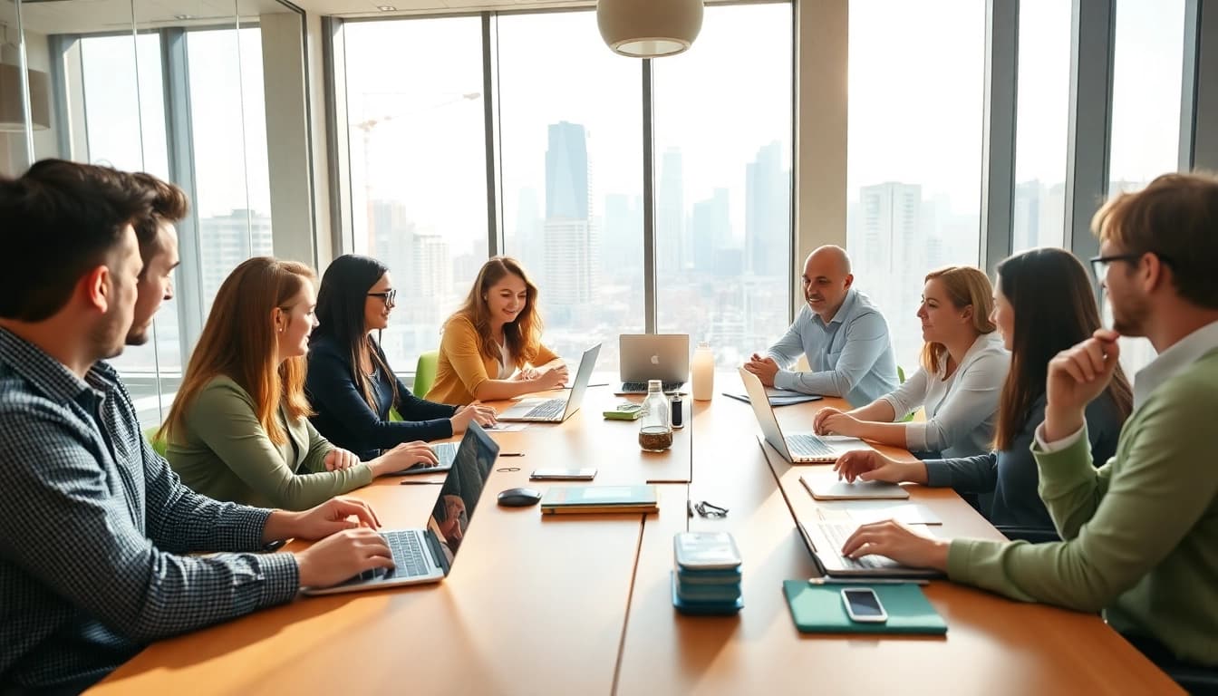Team members of an Agency collaborating in a modern workspace, showcasing teamwork and creativity.