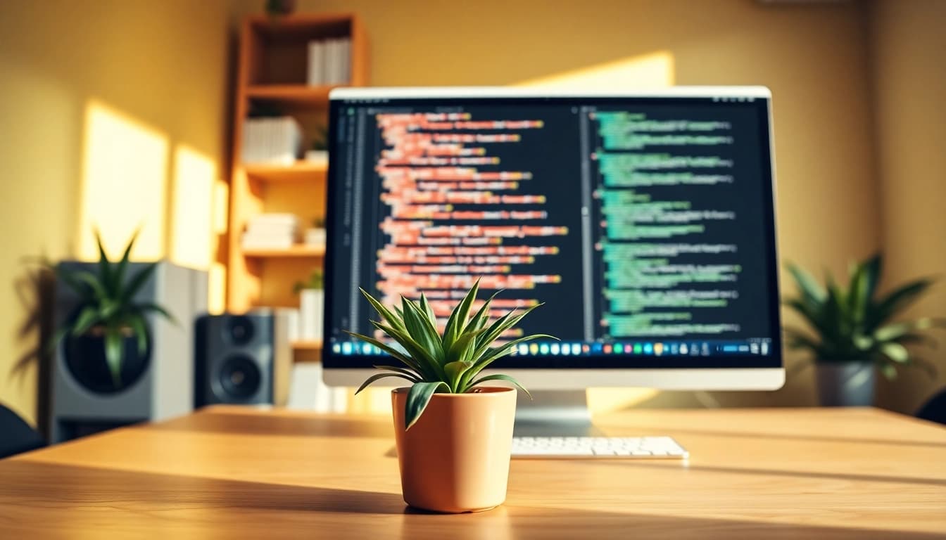 Design workspace showcasing https://albmaftoh.com with computer, greenery, and natural light