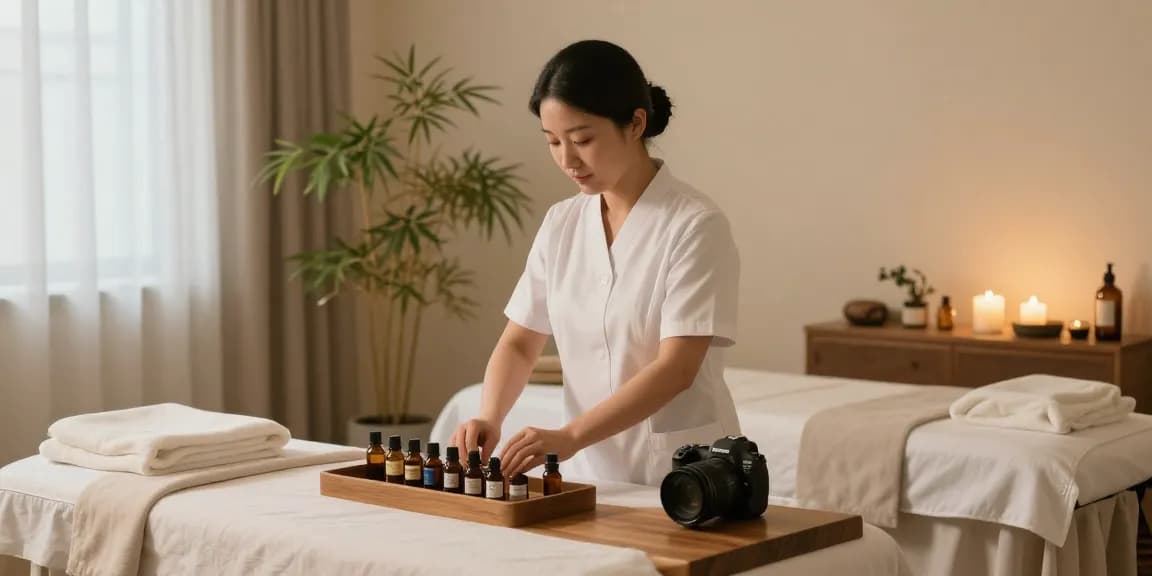 논현동마사지 전문 테라피스트가 아로마 오일을 준비하는 평화로운 마사지 스튜디오