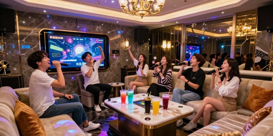 강남 가라오케에서 친구들과 즐거운 시간을 보내며 노래 부르는 모습의 화려한 실내 장면