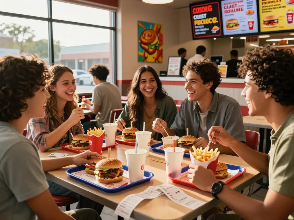 Diverse group enjoying fast food meals while discussing fast food prices in a lively restaurant setting