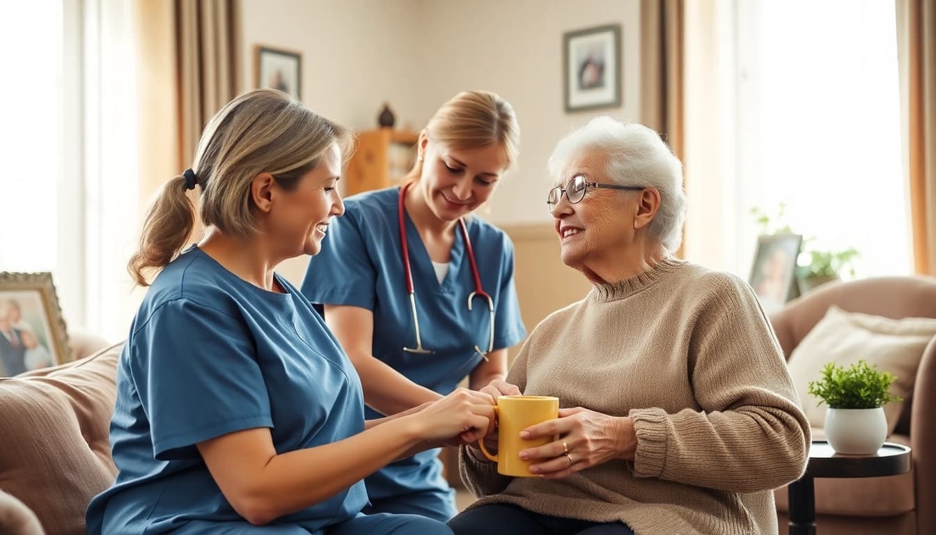 A caregiver providing respite care austin tx to an elderly client in a bright, comfortable living room setting.