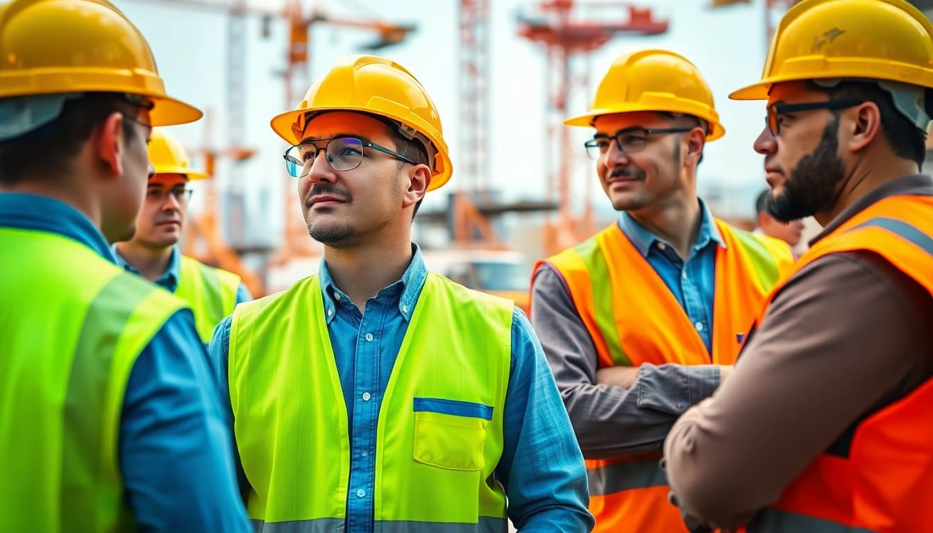 Showcasing construction site safety with workers effectively using protective gear in a busy environment.