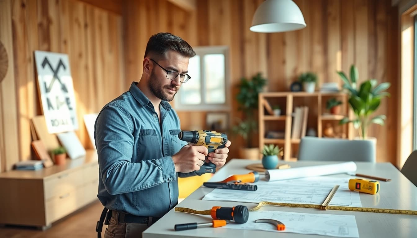 Handyman efficiently repairing a home, showcasing tools and dedication in a bright workspace.