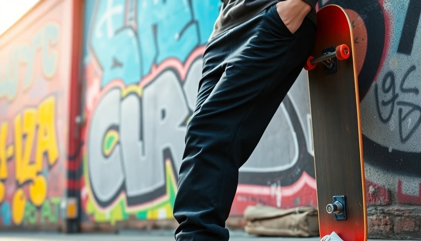 Model showcases stylish baggy black jeans in an urban setting against colorful graffiti.