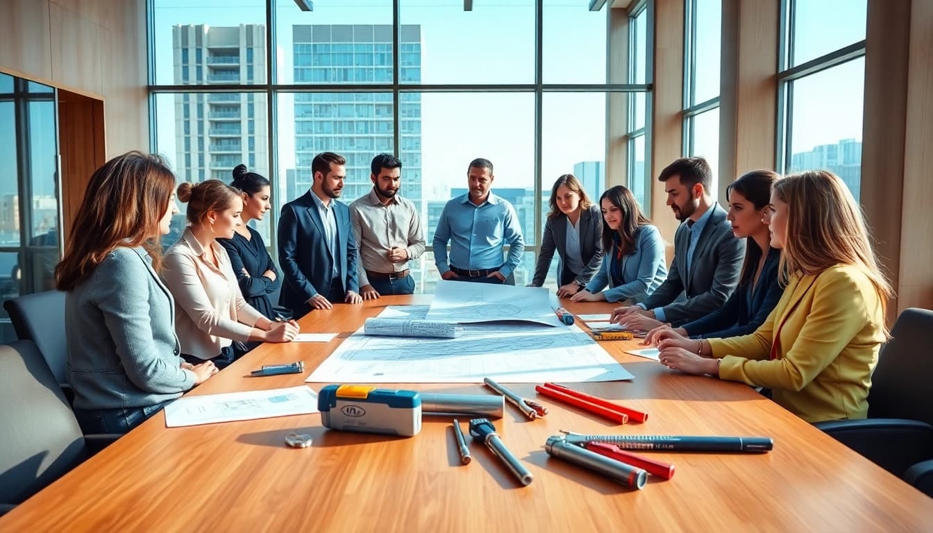 Construction association professionals collaborating in a modern meeting setting.