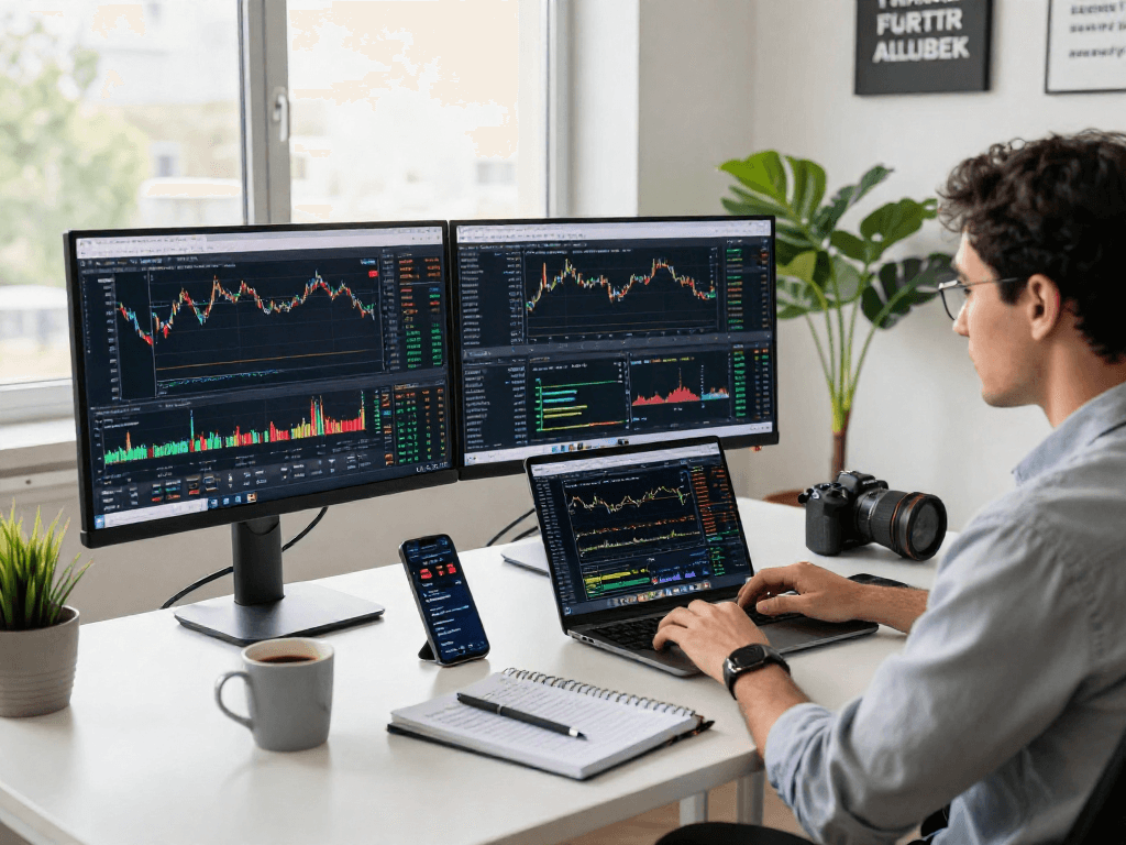 Dynamic TradingView analysis workspace with dual monitors showcasing market charts.