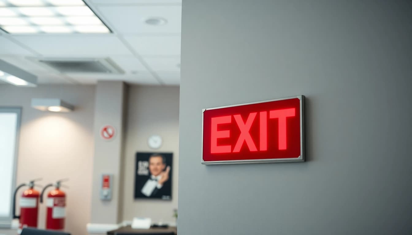 Visible emergency exit sign Nairobi in a busy office environment showing safety and clarity.