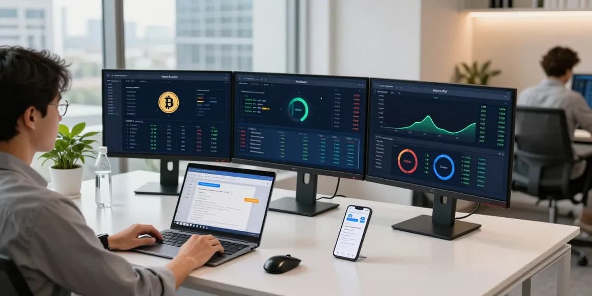 Cloud mining site revenue dashboard on multiple screens within a modern cryptocurrency workspace, showcasing Bitcoin statistics and blockchain metrics.