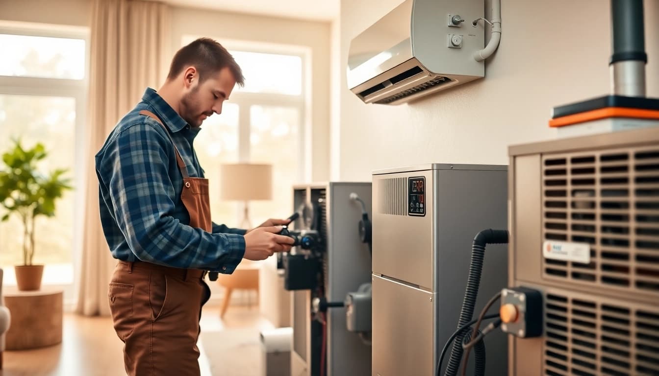 HVAC company canada technician servicing heating equipment in a modern home environment.