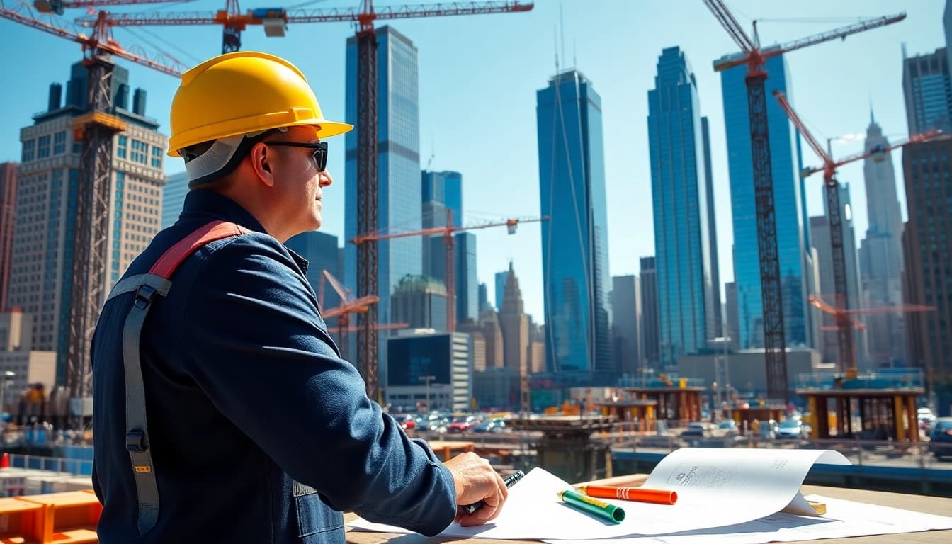 New York City Construction Manager supervising an active construction site with cranes, tools, and plans.