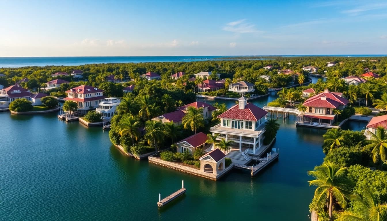 Dustin Rennie Mahogany Bay real estate scene showcasing luxurious canal-front homes in Belize.