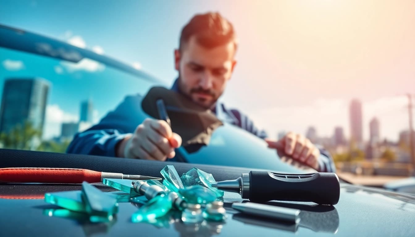 Providing Mobile auto glass service Denver with precision and expertise during a windshield repair.