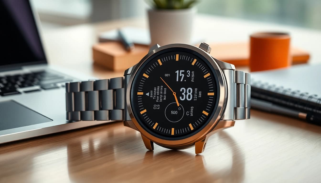 Showcasing the Ringconn smartwatch on a modern desk with vibrant display and sleek design.
