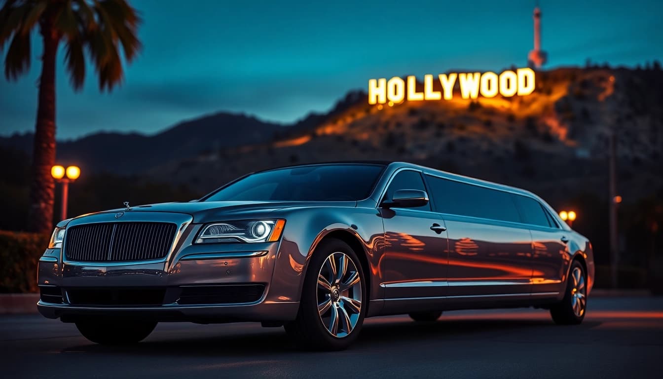 Experience the elegance of LA Limo service with a luxury vehicle in front of the iconic Hollywood sign.