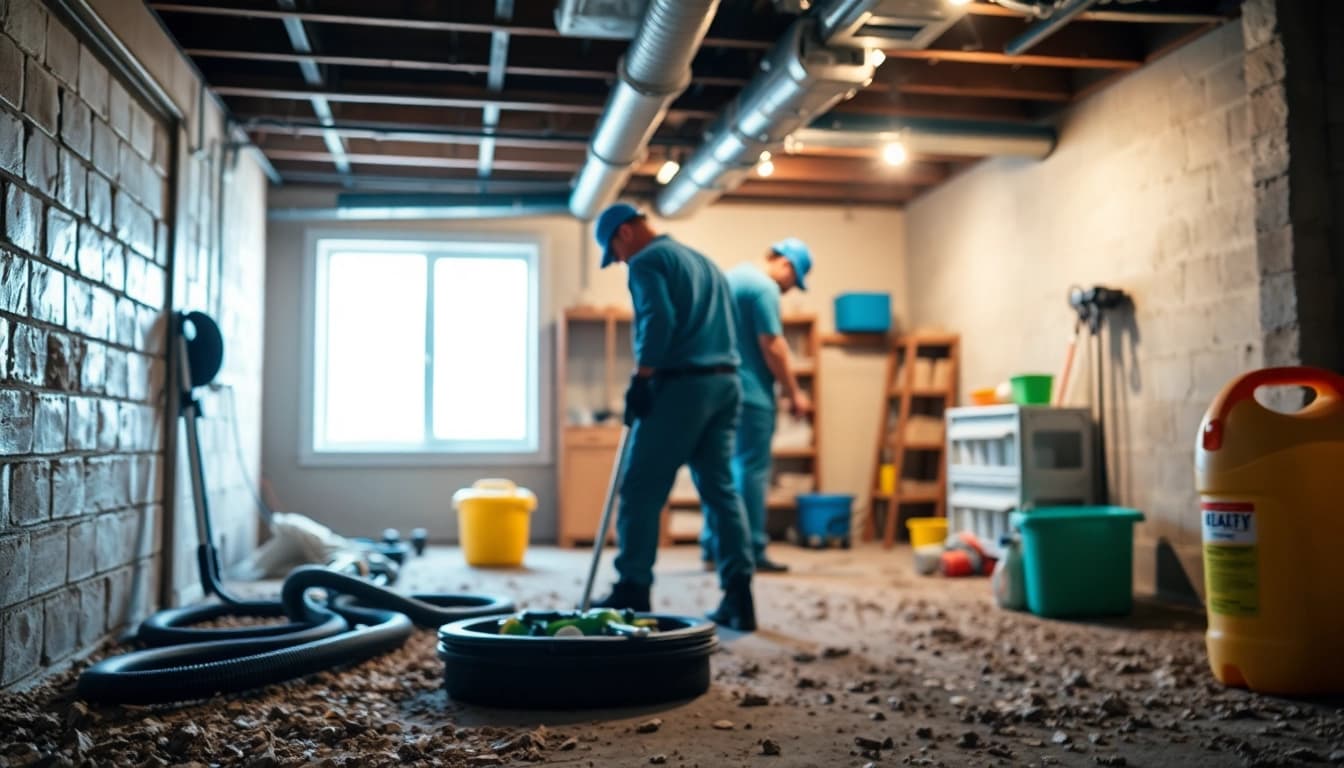 Professional crawl space cleaning at http://newleafcrawlspace.com, highlighting technicians and clean equipment.