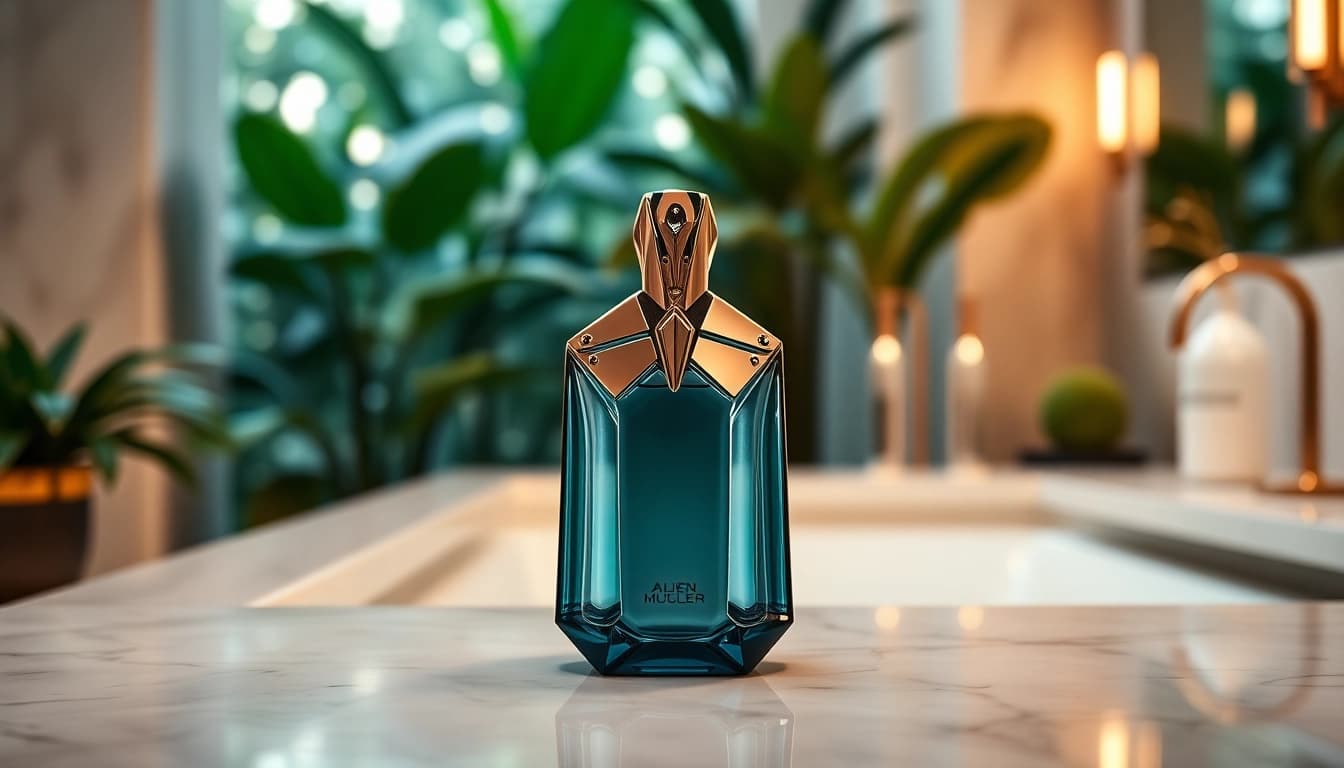 Admire the luxurious Alien Mugler fragrance in an elegant bathroom setting.