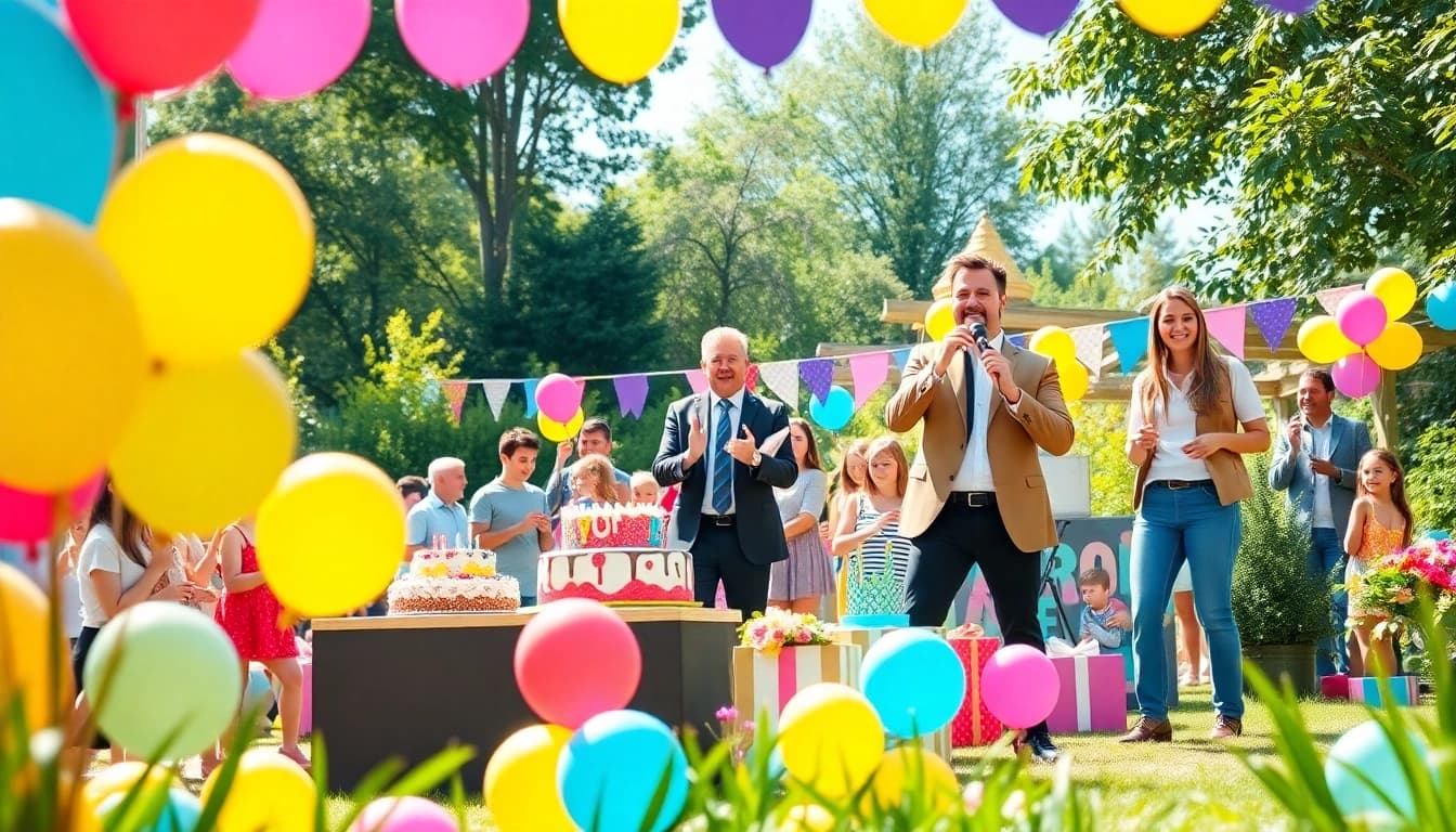 Dynamic scene of birthday party entertainers delighting attendees at a festive celebration.