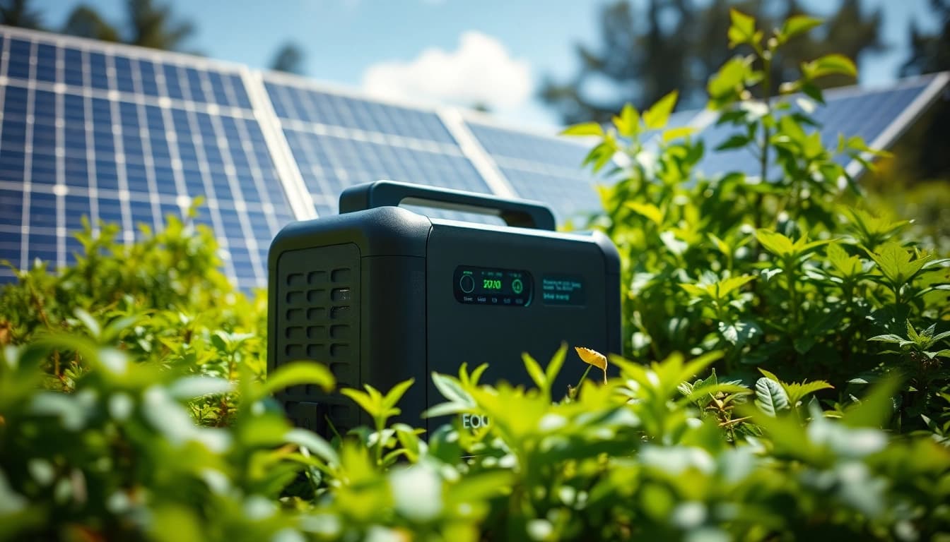 Utilizing EcoFlow portable power station amidst nature to demonstrate renewable energy solutions.