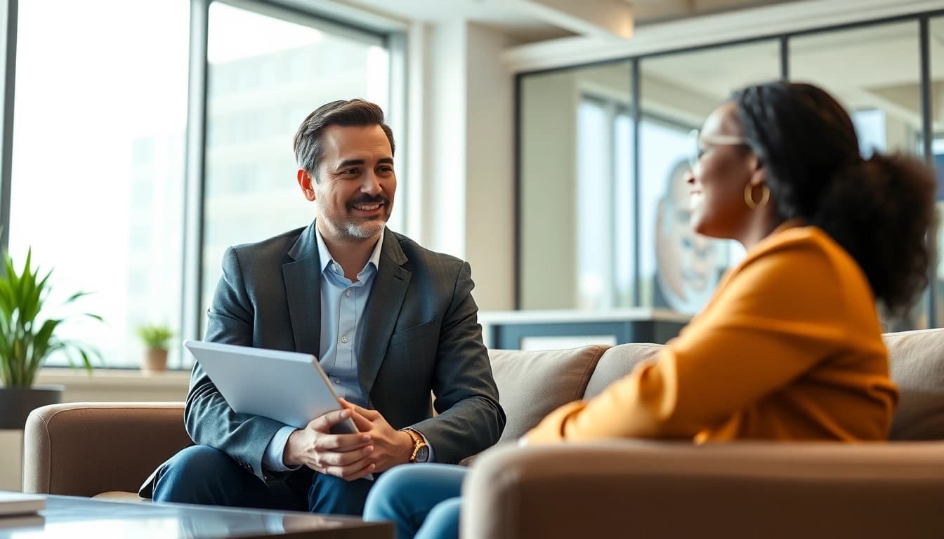 Virginia Immigration Lawyer advising a client in a modern office setting with natural light.