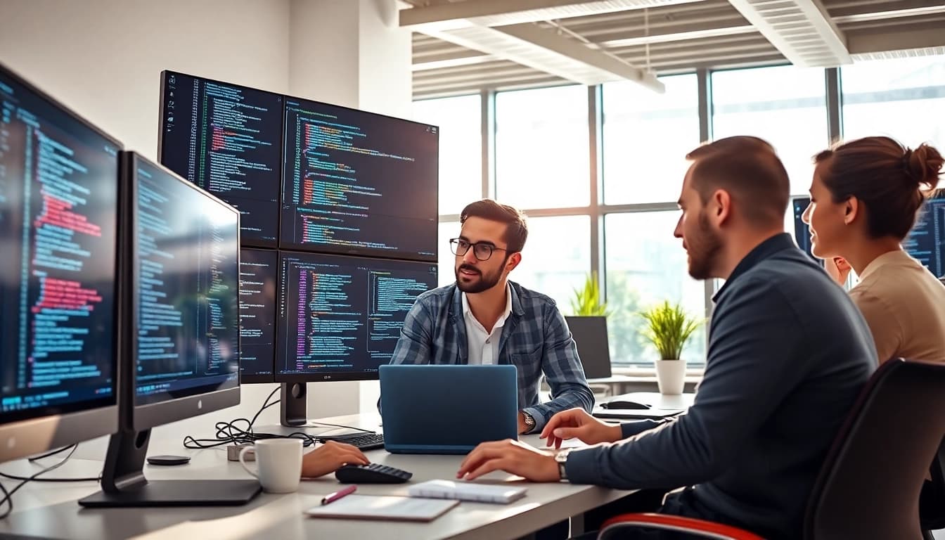 Hire .Net Full-stack developers working in a collaborative office setting with bright lighting.