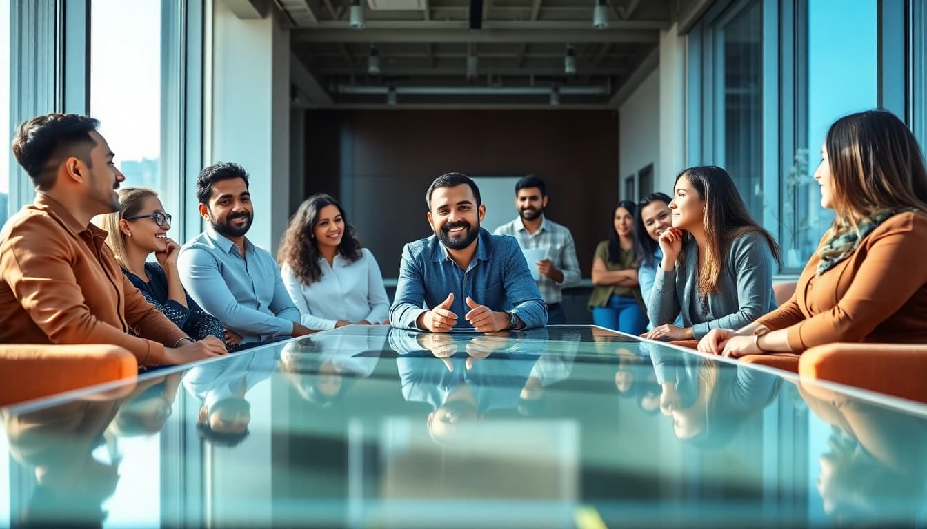 Indian entreprenure collaborating with a diverse team in a bright office setting.