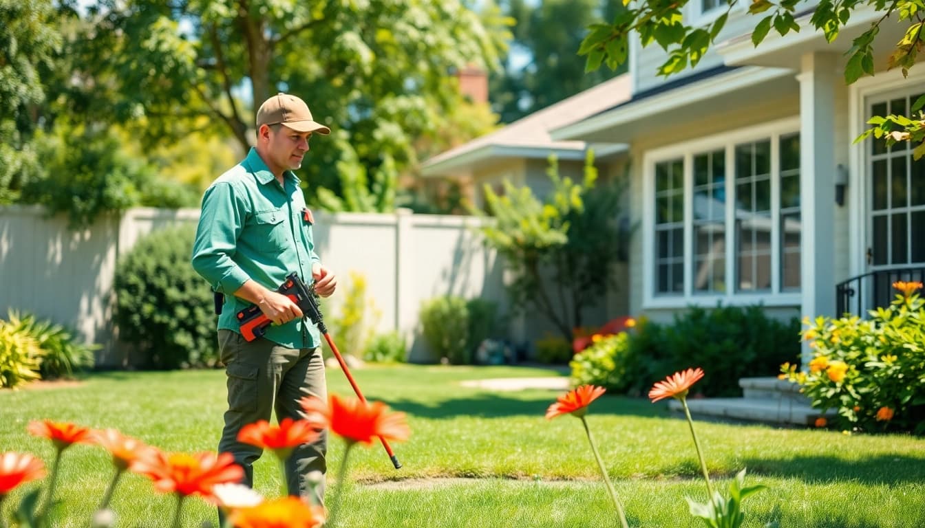 Home pest control company technician examining a property for pest issues with professional tools.