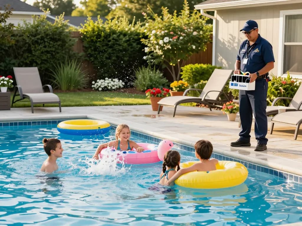 Dolphin Pool Services technician maintaining a family pool while children play, showcasing professional care and enjoyment.