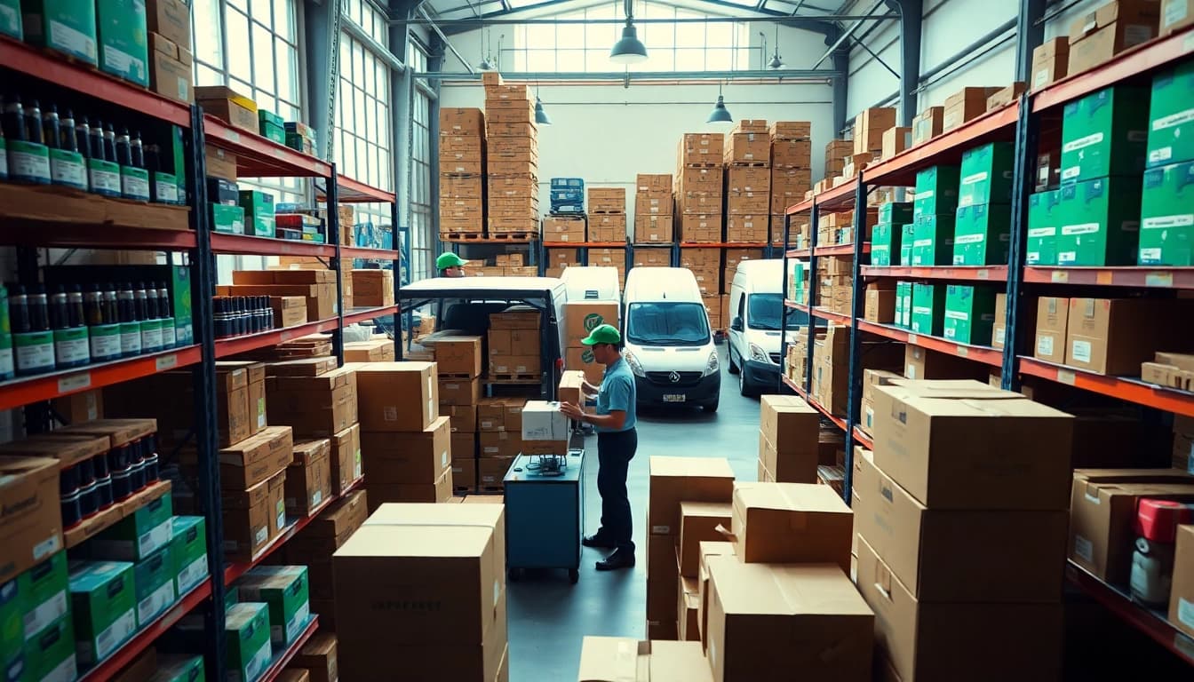 Enhance your knowledge on Vape Shipping through a professional logistics setting, showcasing busy delivery preparations.
