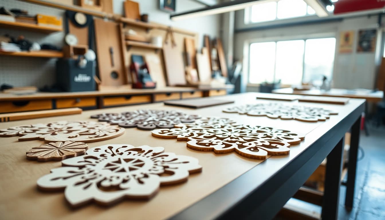 Showcase of laser cutting designs featuring intricate patterns on wood and acrylic surfaces.