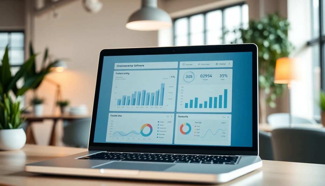 Showcase of membership software interface on a laptop in a bright office, enhancing member management.