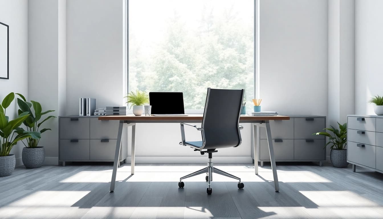Bekijk de professionele werkruimte van https://www.stofnodig.nl met een modern bureau en natuurlijk licht.