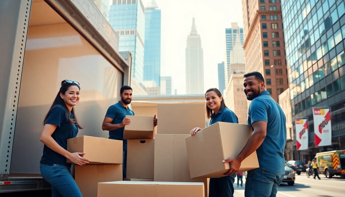 Manhattan movers efficiently packing belongings into a truck amidst a vibrant city backdrop.