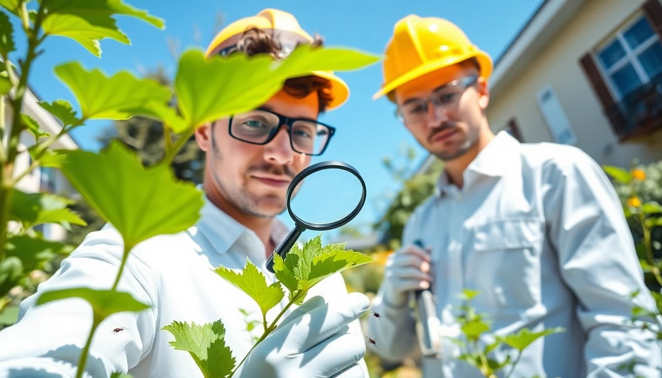 Local insect removal company technician examining a garden for pests.