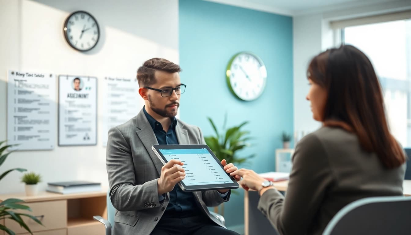 Candidate taking a psychometric test in a professional office setting with calming colors.