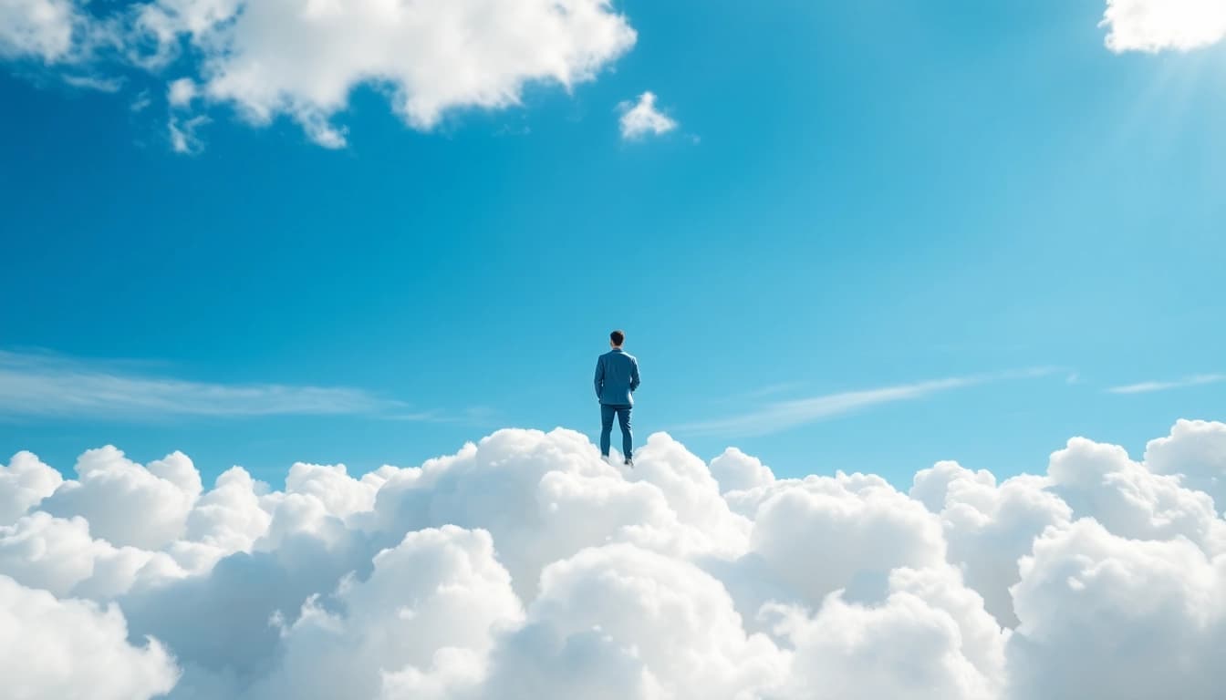 Walking on Clouds with a serene figure atop fluffy clouds in a bright sky.