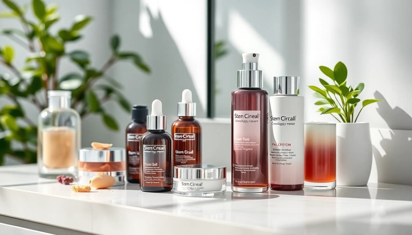 Showcasing effective stem cell skincare products arranged elegantly on a vanity, emphasizing beauty.