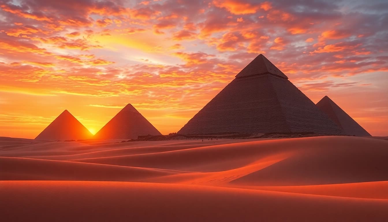 Uncovering the intricate structures of the piraminds against a stunning sunset backdrop.
