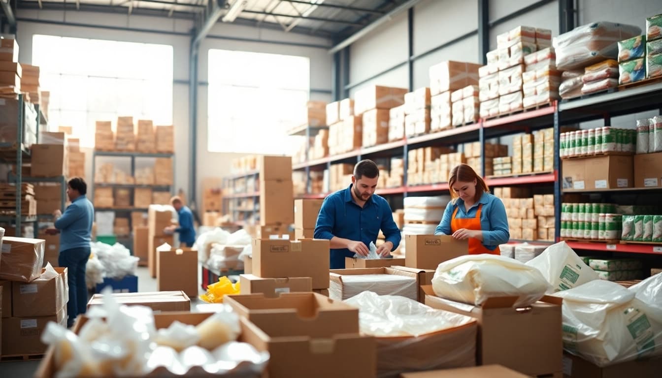 Wholesale products organized in a busy warehouse, showcasing efficiency and variety.
