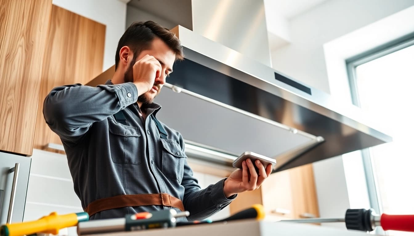 Performing Range Hood Repair in a modern kitchen to fix malfunctioning components.