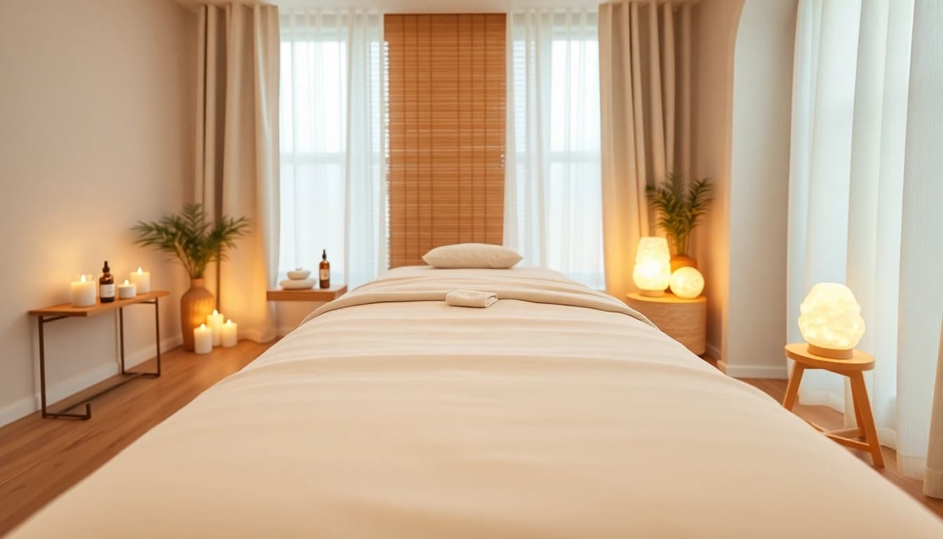 Relaxing home massage setup for 출장마사지 featuring calming colors and ambient lighting.