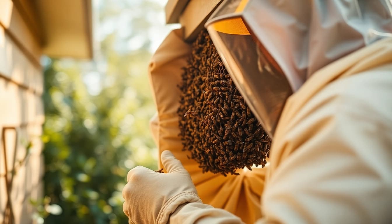 Safe honey bee hive removal by a professional technician in protective gear.
