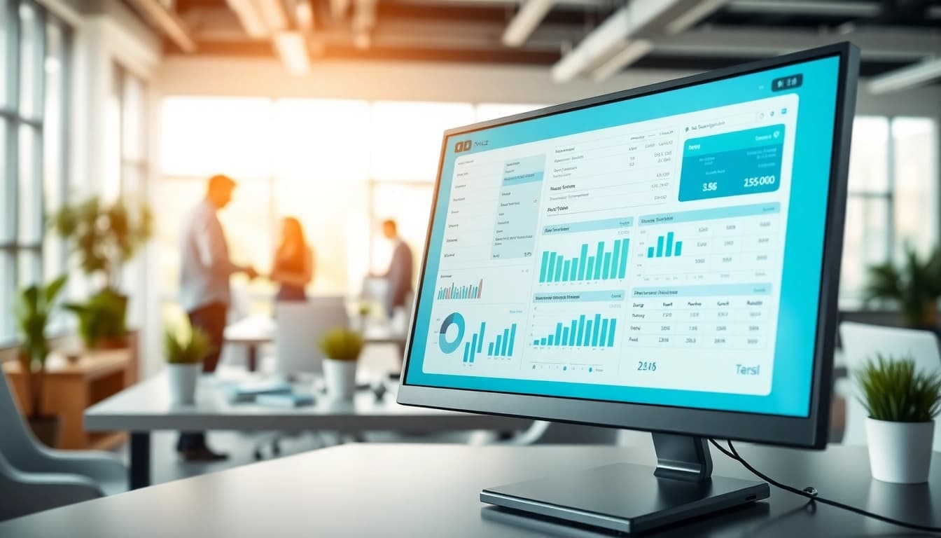 Visualize invoice processing software on a sleek interface in a modern office workspace.
