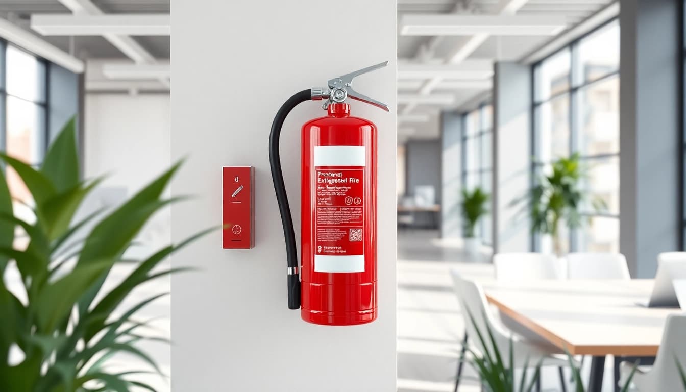 Maintain safety with an electrical fire extinguisher prominently displayed in a modern office.