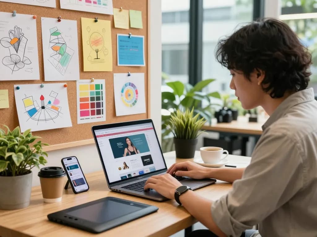 Creative and modern workspace for website design Kuala Lumpur featuring a freelance designer collaborating with tools and sketches.