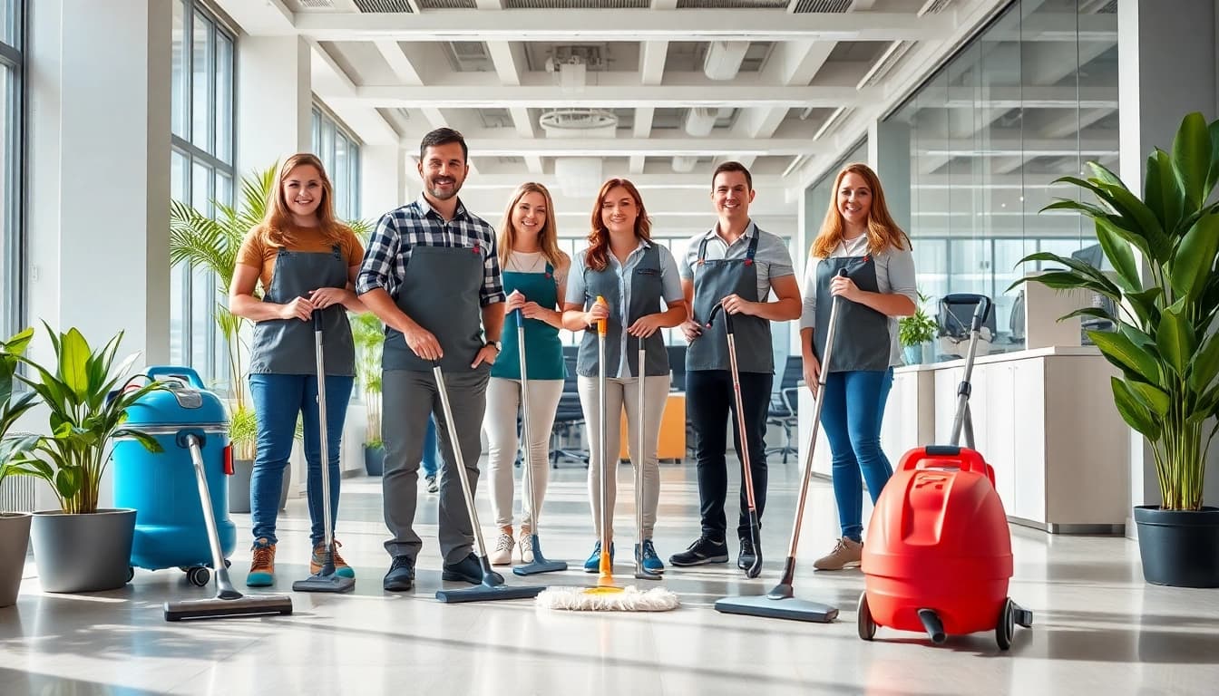 Effiziente Reinigung mit https://nm-gebäudeservice.de in einem modernen Büro, professionelle Ausstattung und Teamarbeit.